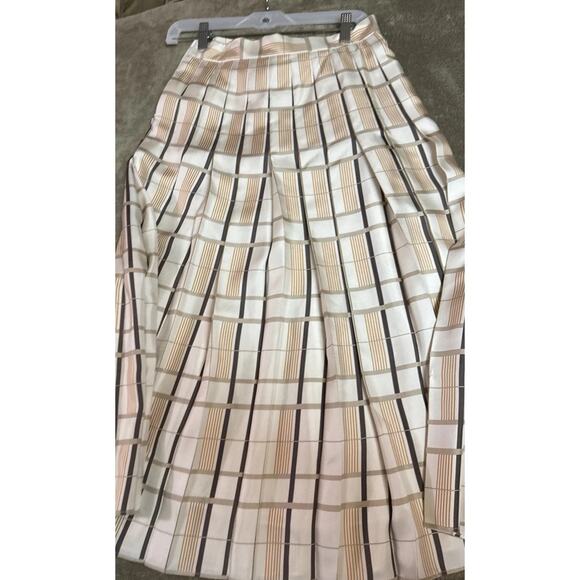 Lafayette 148 NY Silk Blend Brown Cream Geometric Pleated A-line Midi Skirt Sz 2 - Picture 7 of 7